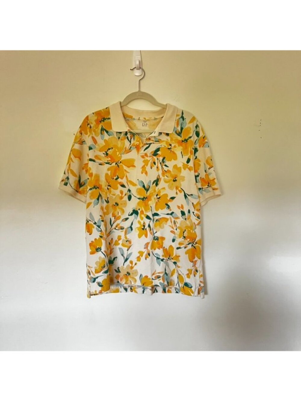 Gap Yellow Floral All Over Polo Shirt Mens Large Short Sleeve Tropical Vacation - Picture 3 of 12